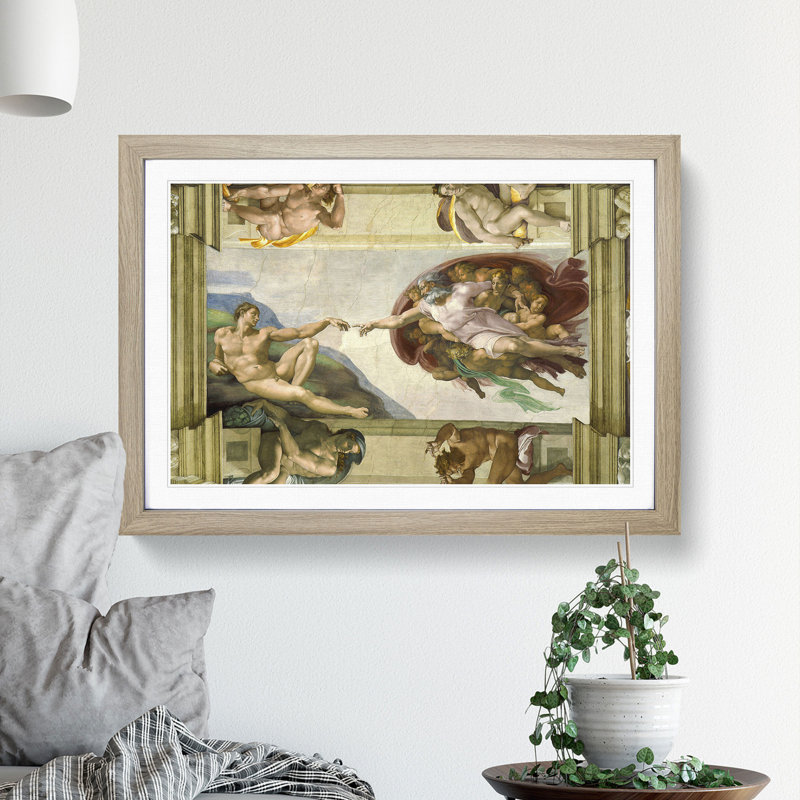 The Creation of Adam by Michelangelo - Picture Frame Painting on MDF, 27cm H x 36cm W x 2cm D, Oak Framed