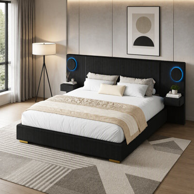 Upholstered Platform Bed with LED Circle Lights, USB Charging Ports & Side Storage Drawers