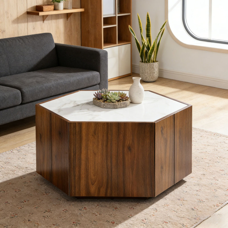 Table basse Retro, Blanc + noyer