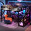 Lit mezzanine double avec bureau et escalier de rangement, lits mezzanine en métal avec lumières à DEL, ports USB, filets en fer multifonctionnels, base de lit pleine grandeur peu encombrante, noir