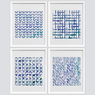 «Bathroom Decor», aquarelle multicolore, motifs géométriques bleu pastel, formes abstraites géométriques encadrées sur papier, impression de 4 pièces