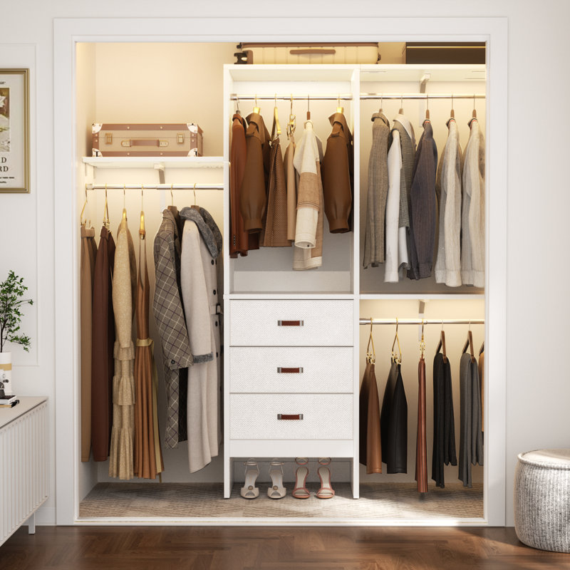 19'' - 60'' W Closet System with Drawers and Hanging Rods(Cut to Fit), White