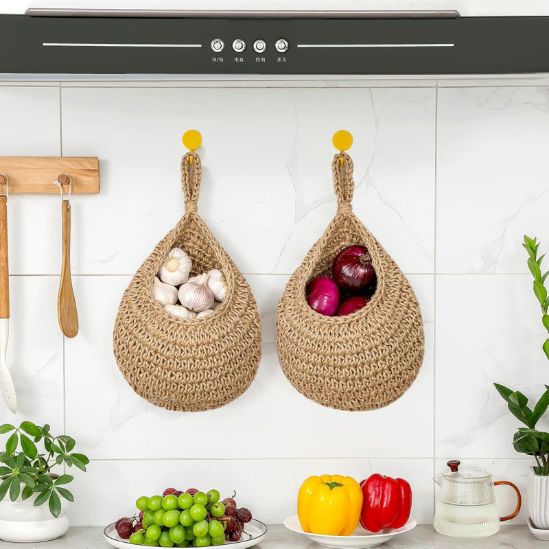2 paniers de fruits muraux suspendus, panier de jute boho pour garde-manger, pomme de terre, ail, oignon, rangement de fruits, organisateur de cuisine décoratif et porte-pot mural