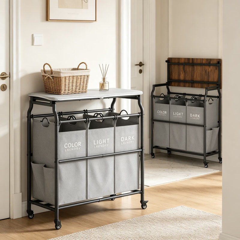 3 Section Laundry Sorter Cart with Ironing Board, Rolling Wheels, Heavy Duty Clothes Hamper with Removable Bags, Large Laundry Basket Organizer with Shelf, Gray