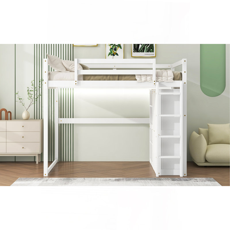 Lit mezzanine double en bois avec garde-robe intégré et tablettes de rangement, Blanc
