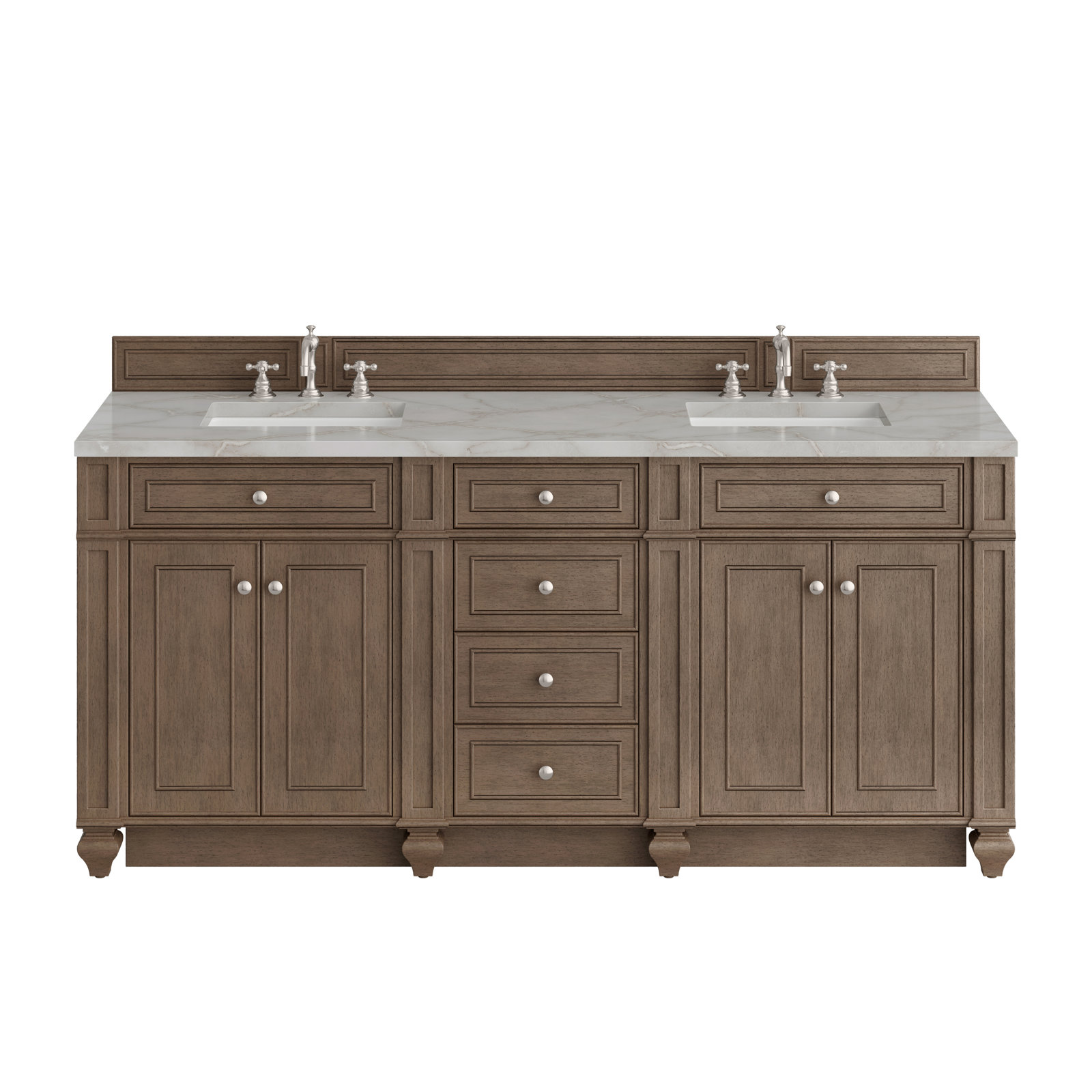 Calisto 72" Double Bathroom Vanity, Whitewashed Walnut, Victorian Silver, 8" Widespread
