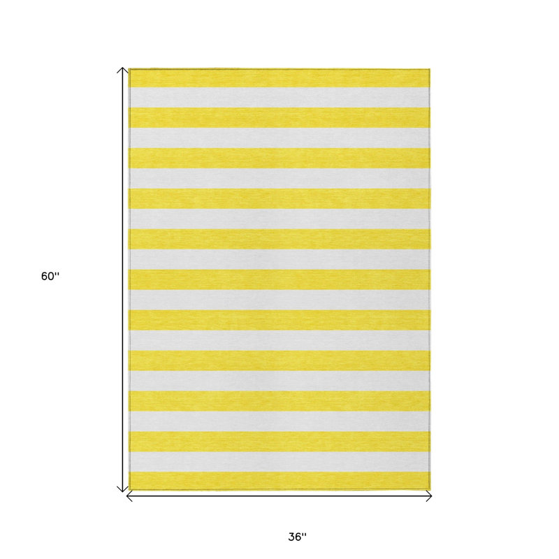 3' X 5' Yellow and White Striped Washable Indoor Outdoor Area Rug