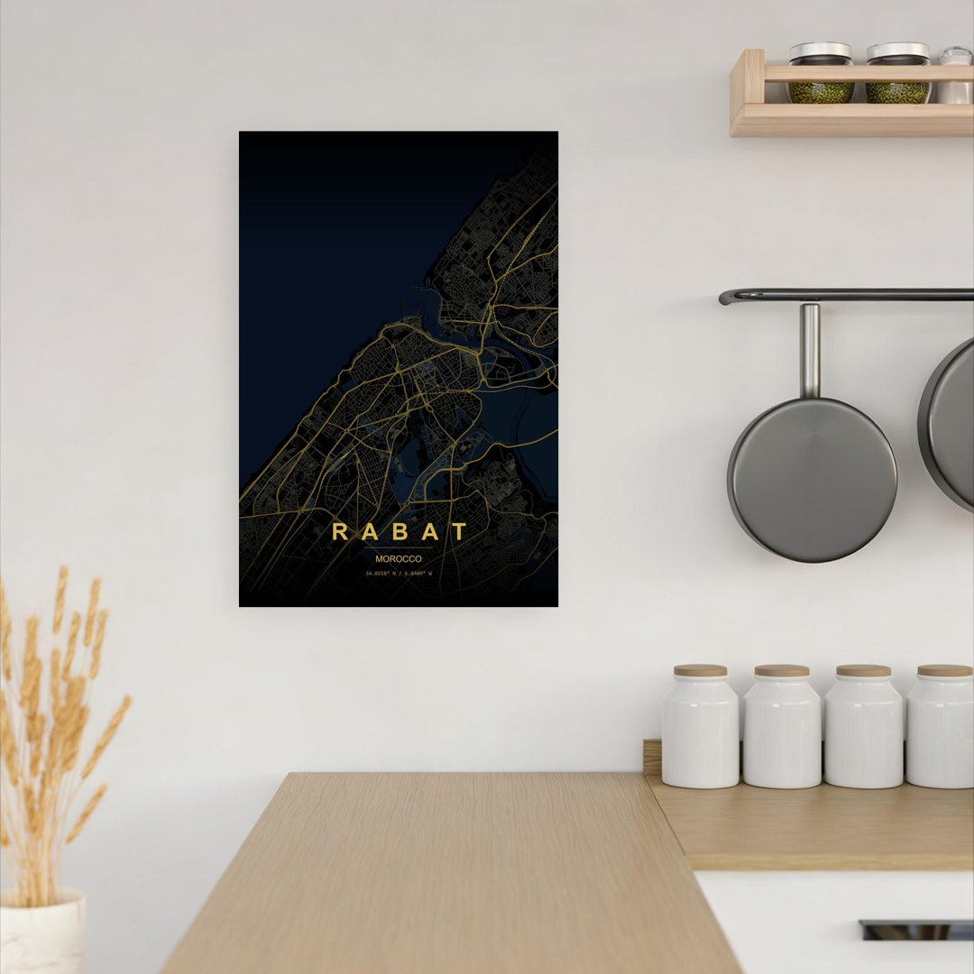 Rabat Golden City Map Abstract Geometric Minimalist City Ocean Wall Art Print