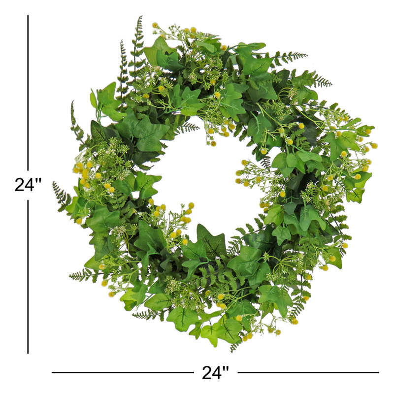 24 inch Artificial Spring Wreath with Ivy, Fern Leaves, Seed Pods, and Flowing Green Stems   