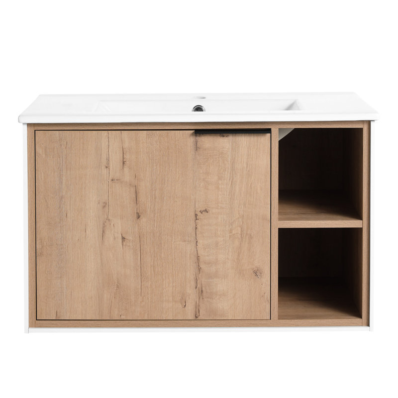 Meuble-lavabo de 30 po avec lavabo en céramique. Fixé au mur. Porte à fermeture en douceur. Apparence moderne en chêne imitation. Contreplaqué 30 po. Aspect chêne. Base