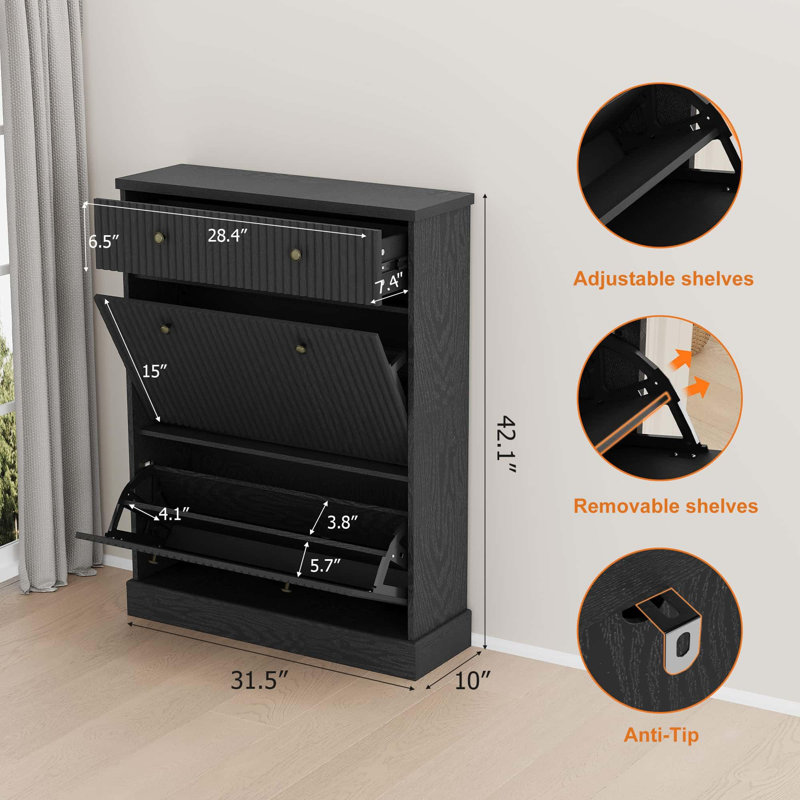 Armoire à chaussures cannelée avec 2 tiroirs rabattables et 1 tiroir, organisateur de rangement de chaussures d'entrée mince avec tablettes réglables