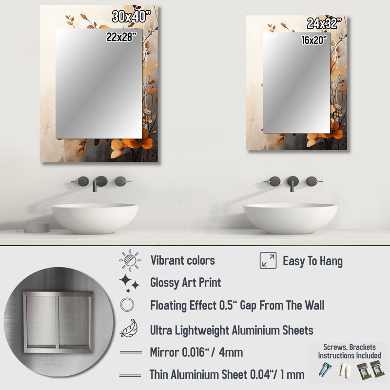 Fleurs de cerisier botanique orange gris I - miroir de cerisier en fleurs traditionnel, art mural imprimé, 32 po x 24 po
