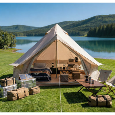 4 Season Bell Tent 9.8 FT, Beige Waterproof Glamping Yurt Tent With Stove Jack, Fits 4 People Family Camping Tent For Outdoor Parties & Camping
