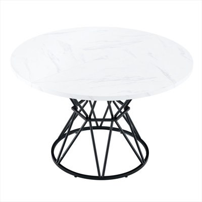 Round Dining Table for Kitchen or Dining Room, White Marble-Look Top with Classic Black X-Base, Seats 4-6, 47.3-Inch