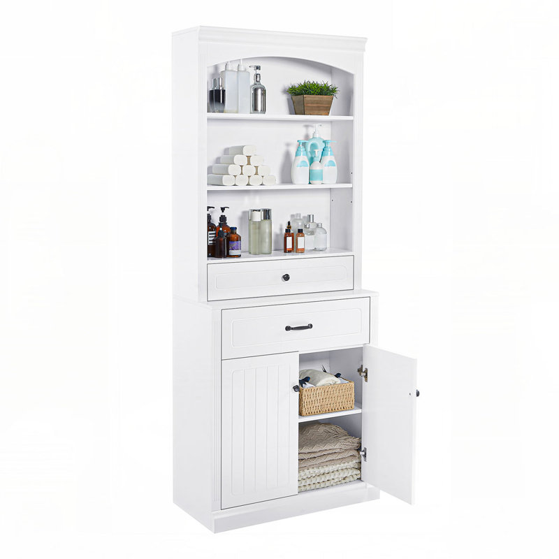 Bathroom Storage Cabinet with Two Doors, Drawers, Adjustable Shelf & Three Open Shelves