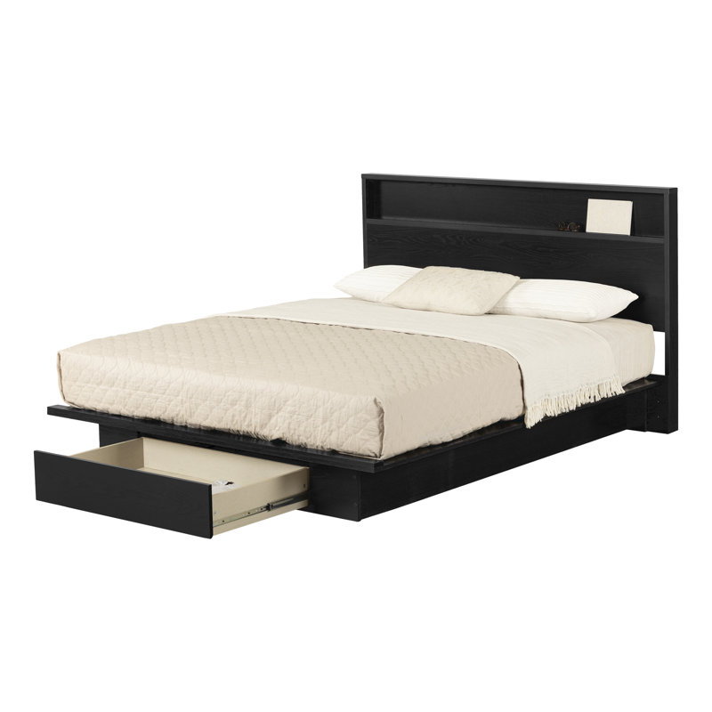 Black Oak Queen Platform Bed with Upholstered Headboard and Drawer
