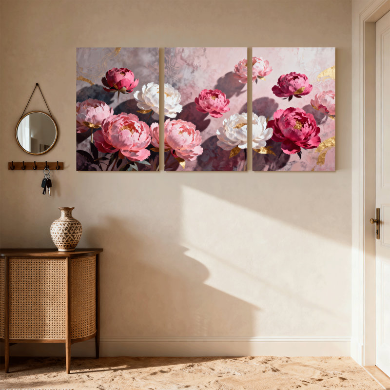 Plantes et fleurs, pivoines blanches et roses, accents dorés, ensemble de 3 impressions sur toile, H 30 po x l 60 po