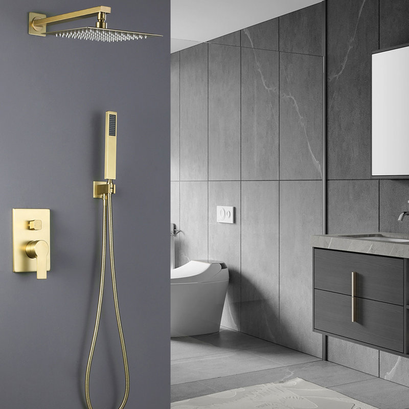 Système de douche complet de baignoire avec valve brute, Or brossé, 12"
