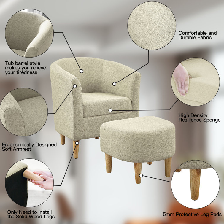 Upholstered Linen Barrel Chair with Ottoman Latitude Run Fabric: Beige 100% Linen