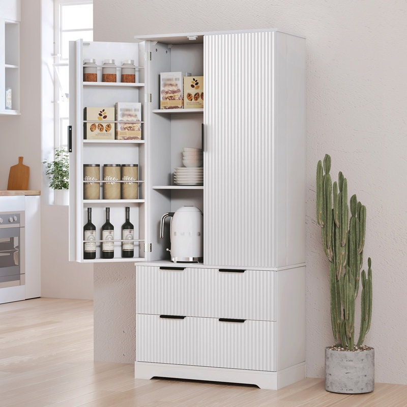72" Modern Fluted Kitchen Pantry Cabinet With 2 Large Drawers & 8-Door Spice Rack, Freestanding Storage Organizer For Bathroom, Dining Room, Office, Entryway, White
