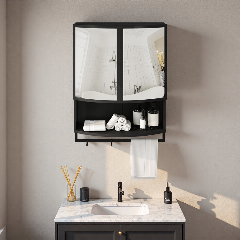 23.62"Modern Arched Glass Double-Door Wardrobe With Shatterproof Non-Glass Mirror-Double-Layer Storage,Open Shelf & Towel Rack For Entryway, Living Room,Bathroom, Dining Room