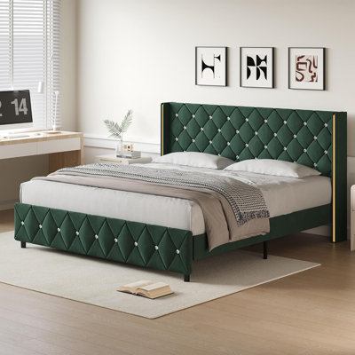 Alber Upholstered Bed Frame With Diamond Tufted Headboard, Modern Wingback, No Box Spring Needed