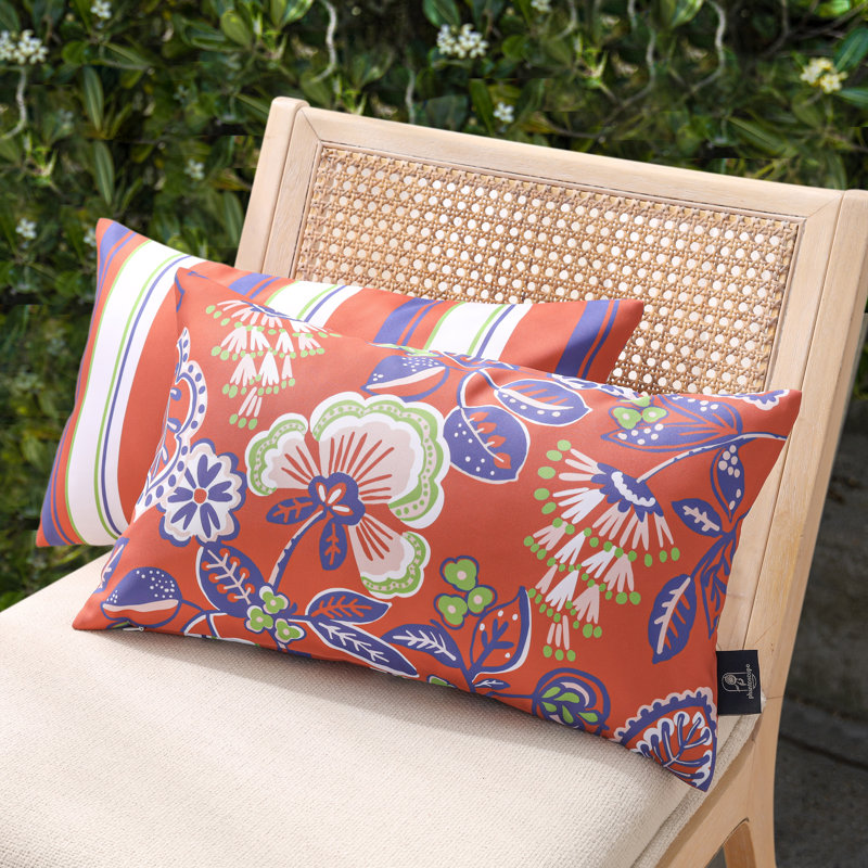Floral Printed Off White and Blue Outdoor Throw Pillow Set