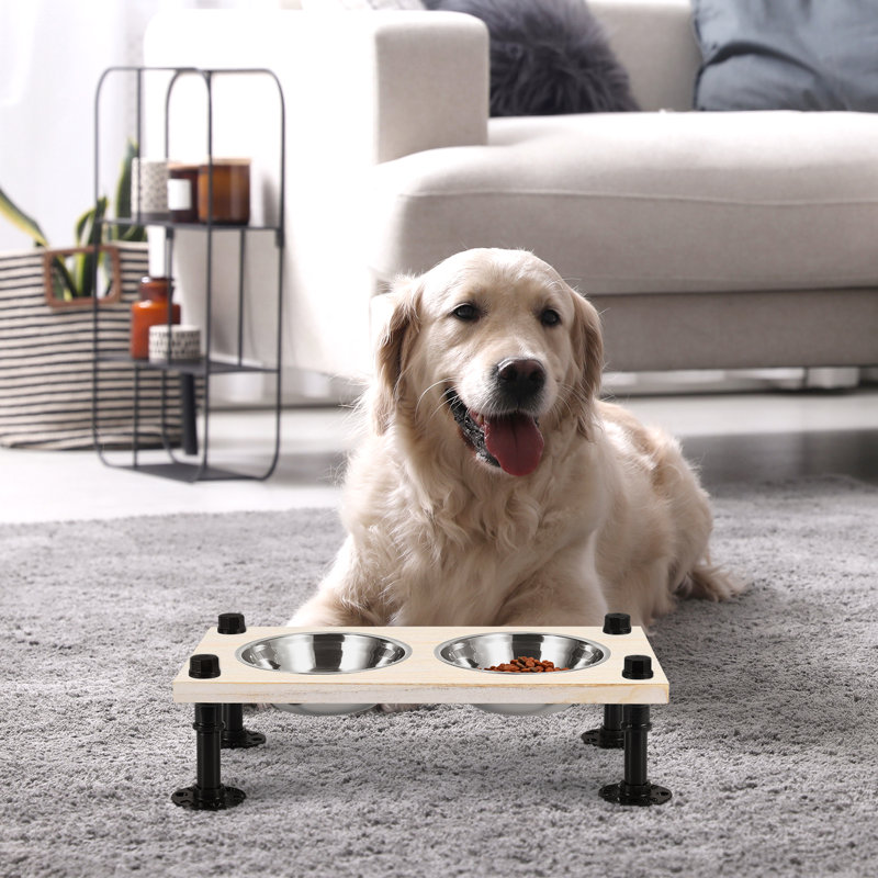 Support pour chien avec bols en acier inoxydable, mangeoire pour chat surélevée 2 en 1 et bol à eau, base en bois imperméable avec pieds en fer