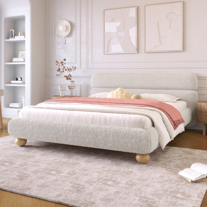 Halden Contemporary Upholstered Bed in Faux Teddy Fleece with Curve Headboard and Solid Round Legs