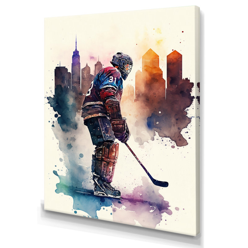 Joueur de hockey devant le paysage urbain I - Impression sur toile, H 32 po x l 24 po x P 1 po, Toile tendue