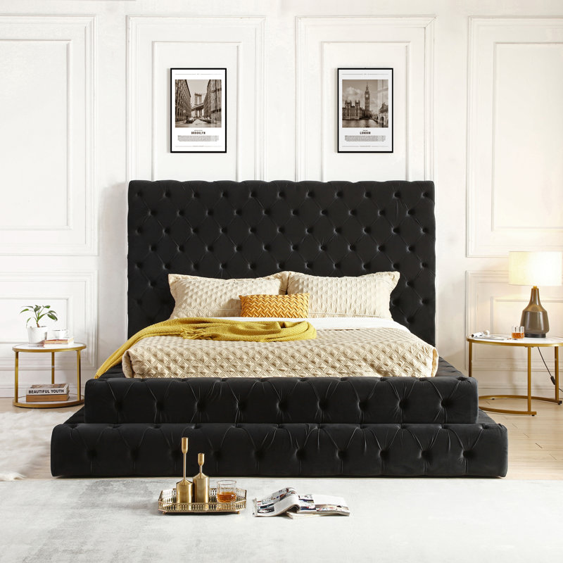 Elen Tufted Velvet Bed, Queen, Black