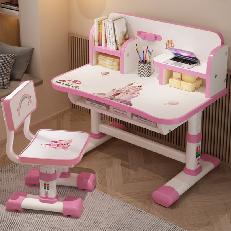 Ensemble de chaise de bureau, ensemble de chaise de bureau à motif de bureau élargi pour enfants, table d'étude à hauteur réglable avec tiroir (rose)