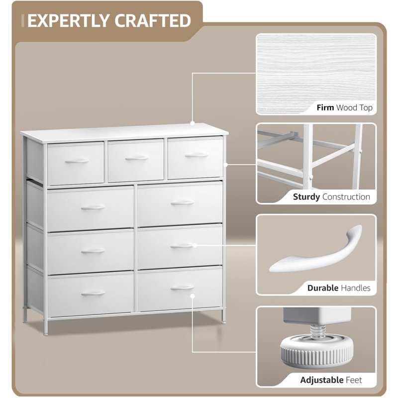 White 9-Drawer Dresser with Steel Frame and Wood Top