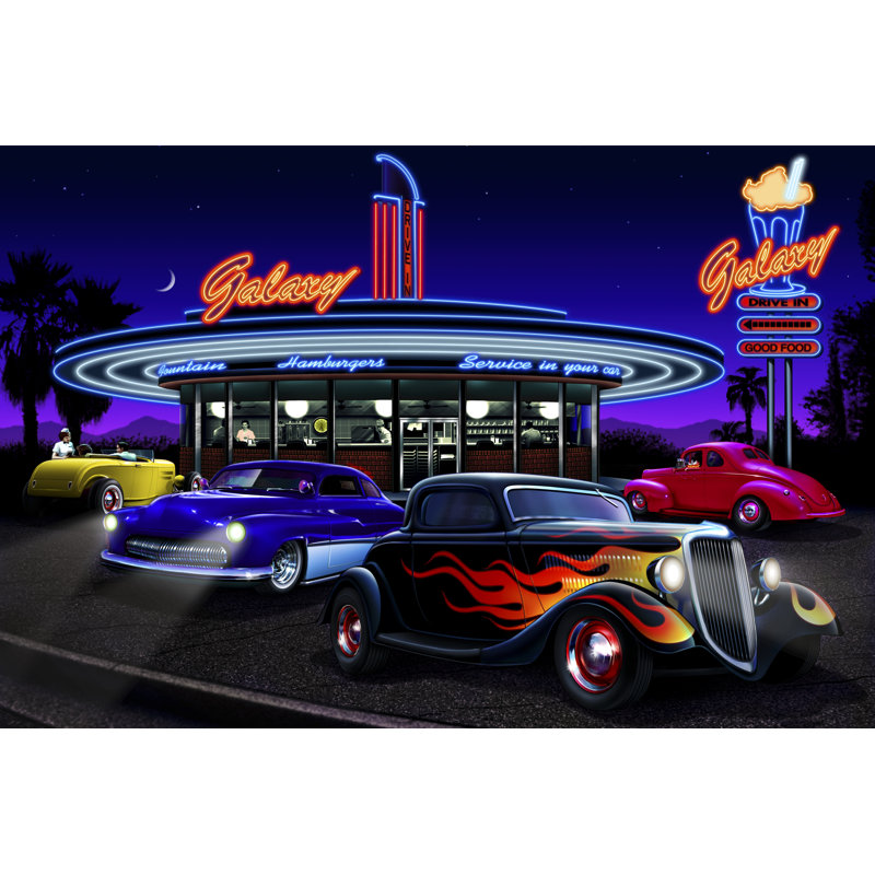 Diners and Cars VII - Graphic Art, 20 cm H x 30 cm W, Black Floater Frame