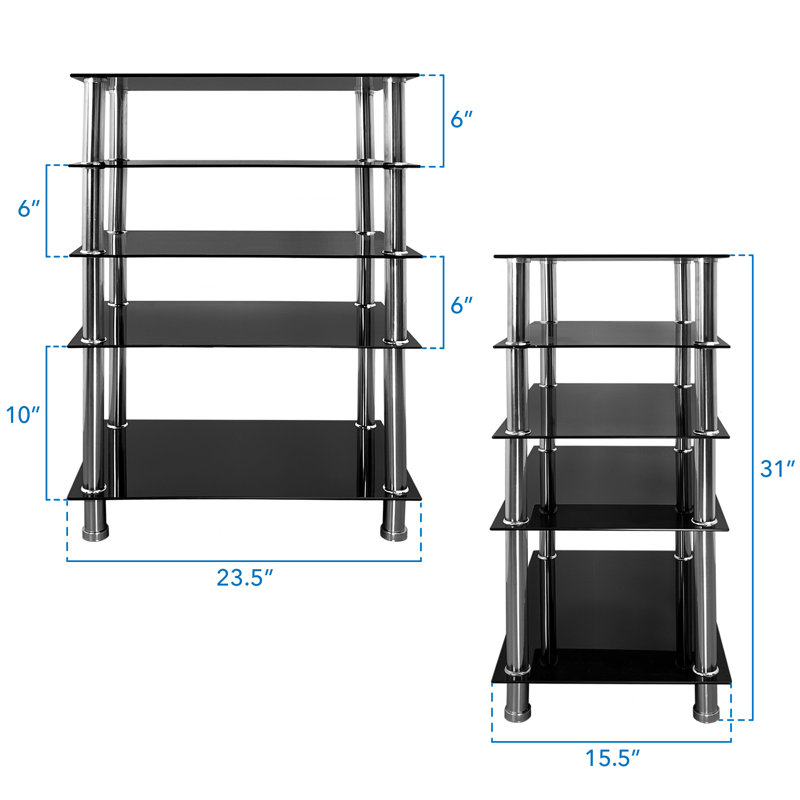 Mount-It! Tempered Glass AV Component Media Stand, Audio Tower and Media Center with 5 Black Shelves