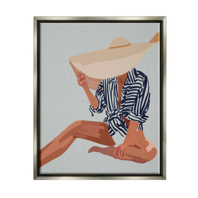 Woman Obscured By Sun Hat Summer Beach Portrait Luster Gray Framed Floating Canvas Wall Art by Amelia Noyes