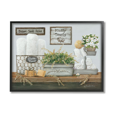 Country Washroom Counter Still Life Bathroom Towel Black Framed Giclee Texturized Art by Pam Britton