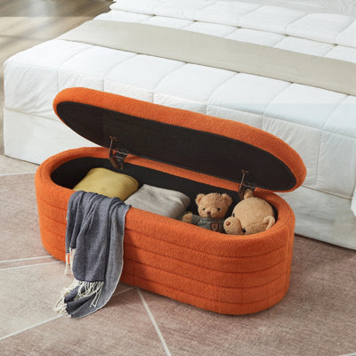 Modern Oval Storage Ottoman Bench, Upholstered Boucle Teddy Fabric with Hidden Compartment for Extra Seating and Storage