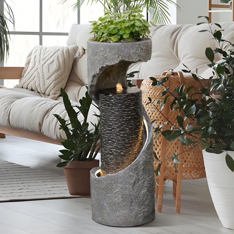 Grey Modern Garden Water Feature with LED Lights, Floor-Standing Fountain for Indoor & Outdoor Spaces