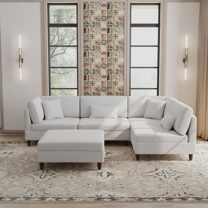 Michelyn 120.5"W 5 - Piece Corduroy Modular Sectional Sofa with Ottoman, Beige Corduroy