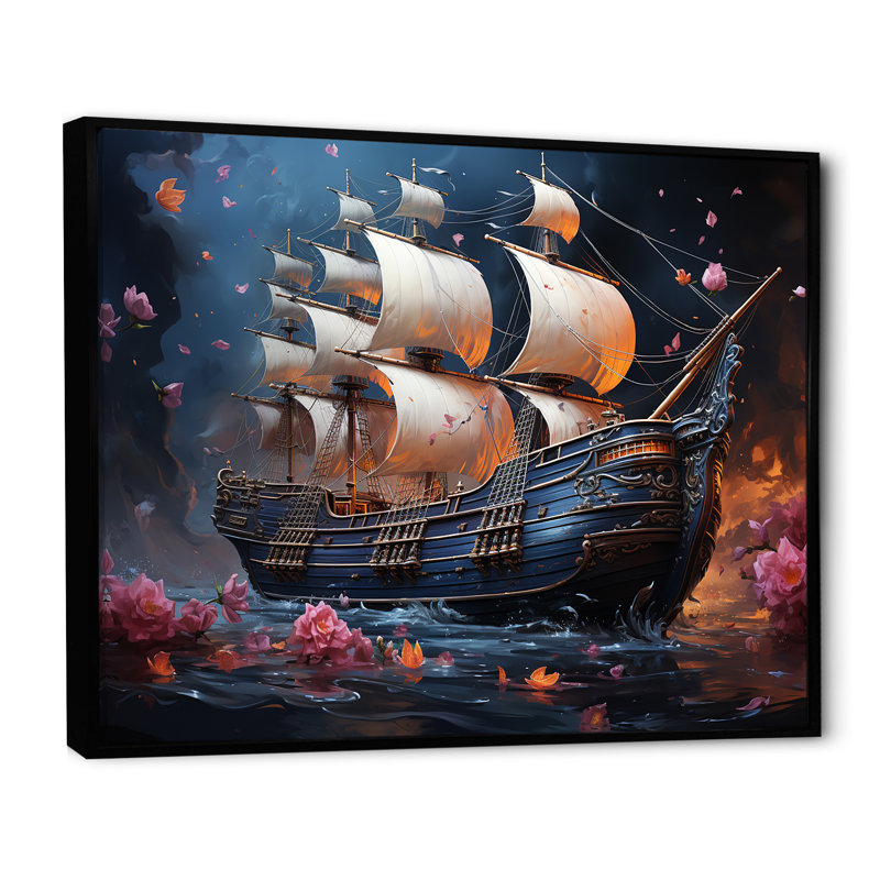 Pirate Ship Nightly Voyage III - Art mural pirate, Cadre flottant noir, H 34 po x l 44 po x P 1,5 po