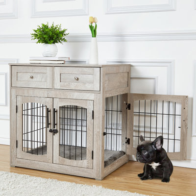 Meuble pour chien multifonctionnel en bois avec 3 portes, 2 tiroirs et coussins - Table de bout décorative pour chenil pour chien de taille moyenne / grande jusqu'à 130 lb