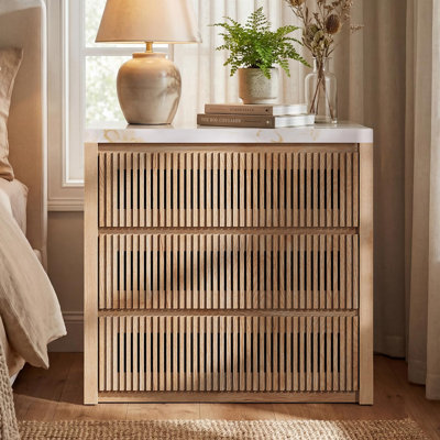 Table de chevet 3 tiroirs avec plateau en faux marbre, table de bout moderne en bois avec tiroirs de rangement pour la chambre à coucher, le salon, beige