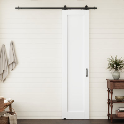 24" x 96" Interior 1 Panel Solid Core Primed Prefinished Standard Slab Door With Top Mounted Black Barn Door Hardware Kit