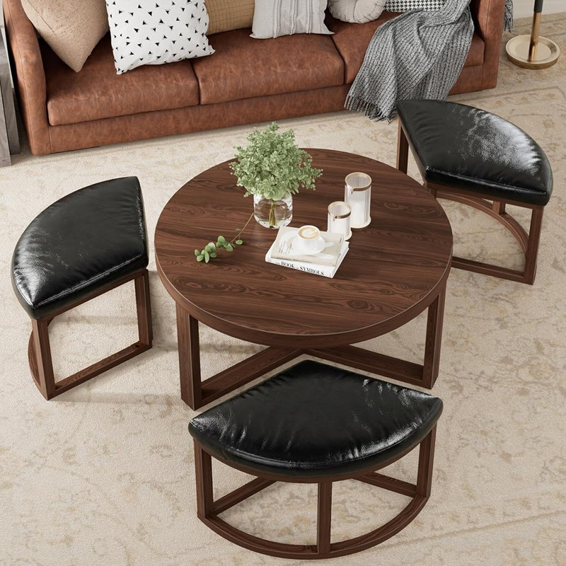 Table basse ronde avec tabourets, ensemble de petites tables modernes avec 3 sièges de repose-pieds, finition bois de noyer