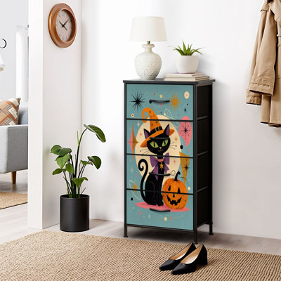 Commode à 4 tiroirs pour chambre à coucher, motif lanterne, chat noir, nœud papillon orange et violet, style atomique, étroite, avec plateau en bois et structure en fer robuste, 45,7 cm (L) x 95,2 cm (H).