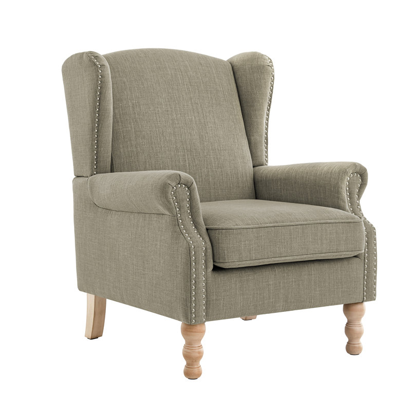 Chloris Extra Wide Wingback Accent Chair, Mid-Century Modern Linen Upholstered Armchair with Nailhead Rivet Trim, Solid Turned Wood Legs, Farmhouse Reading Chair for Living Room Bedroom