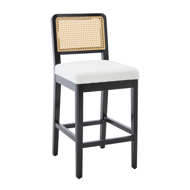 Upholstered Counter Stool with Solid Wood Frame, Black, Beige Linen