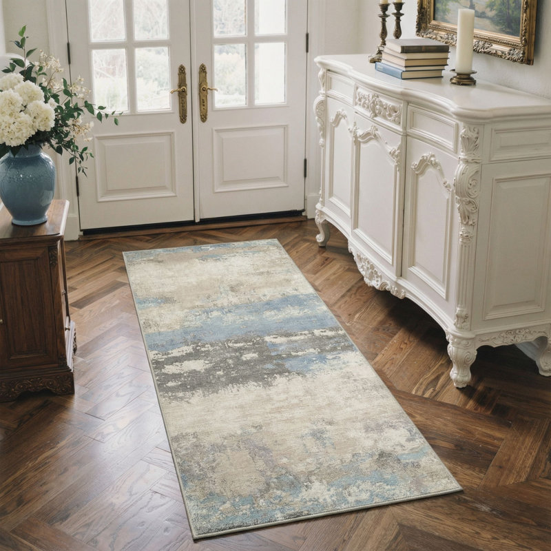 Lucchesi Modern Abstract Machine Washable Blue / Grey / Beige Indoor Area Rug with Non-Slip Backing, Runner 2' x 6'
