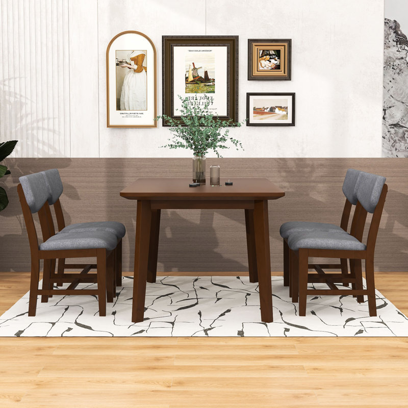 Ensemble de salle à manger rustique 5 pièces avec table en bois et 4 chaises rembourrées, Noyer, Noyer